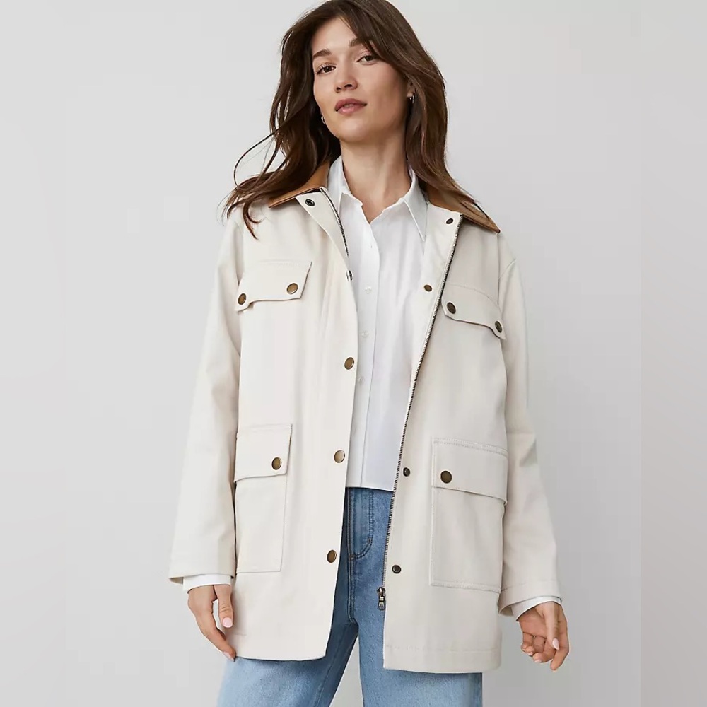 Ann Taylor Cream Weekend Collection Faux Leather Collared Jacket